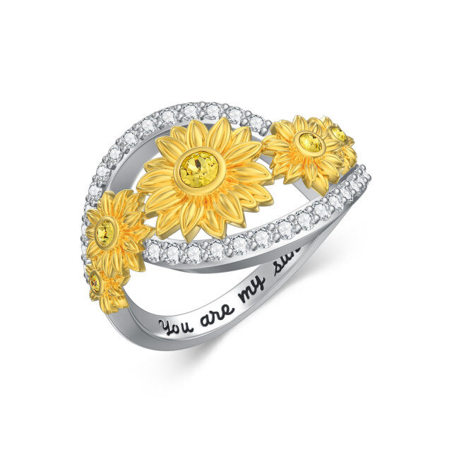 Sterling Silver Two-tone Round Cubic Zirconia Sunflower Ring with Engraved Word-0