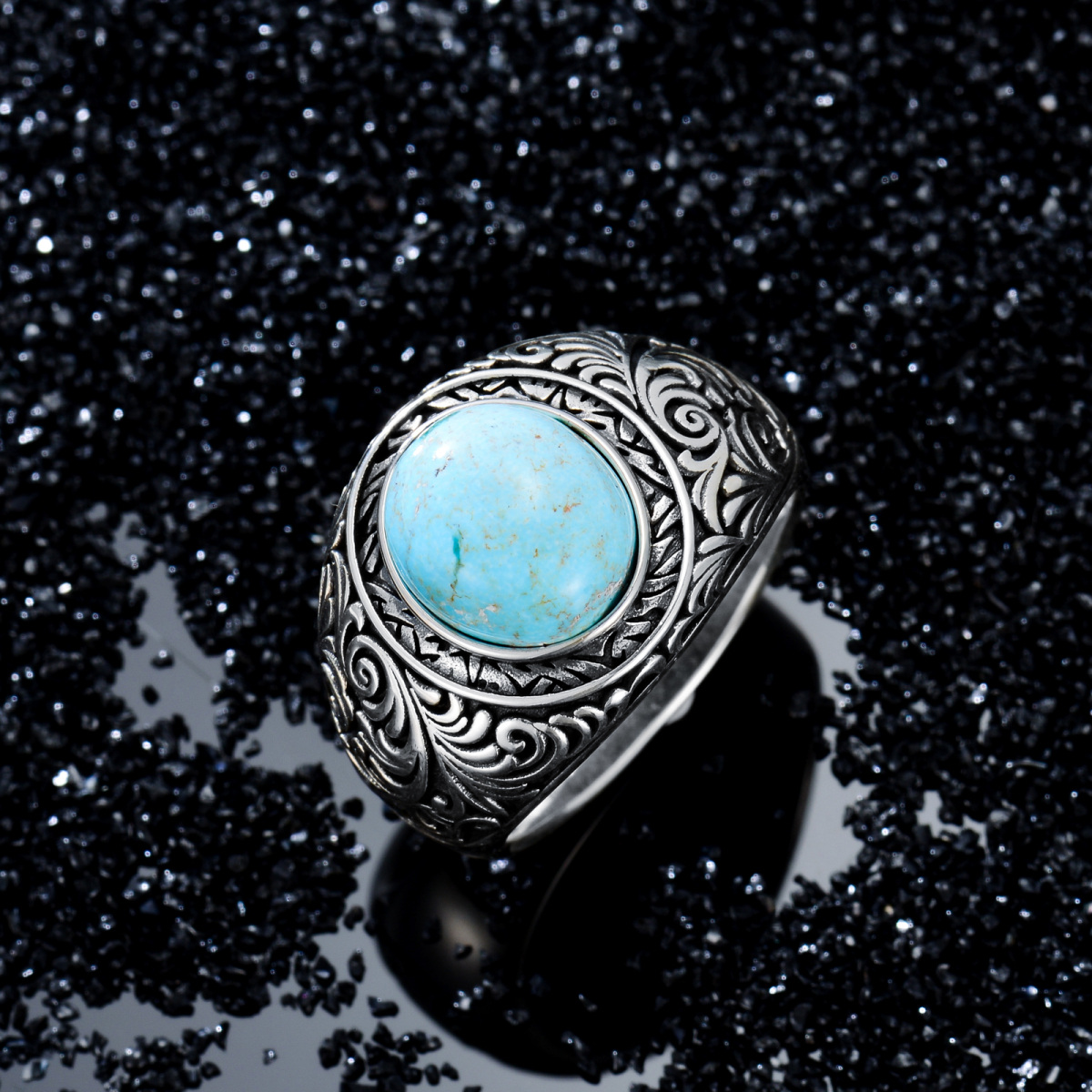 Sterling Silver Circular Shaped Turquoise Father & Son Ring for Men-4