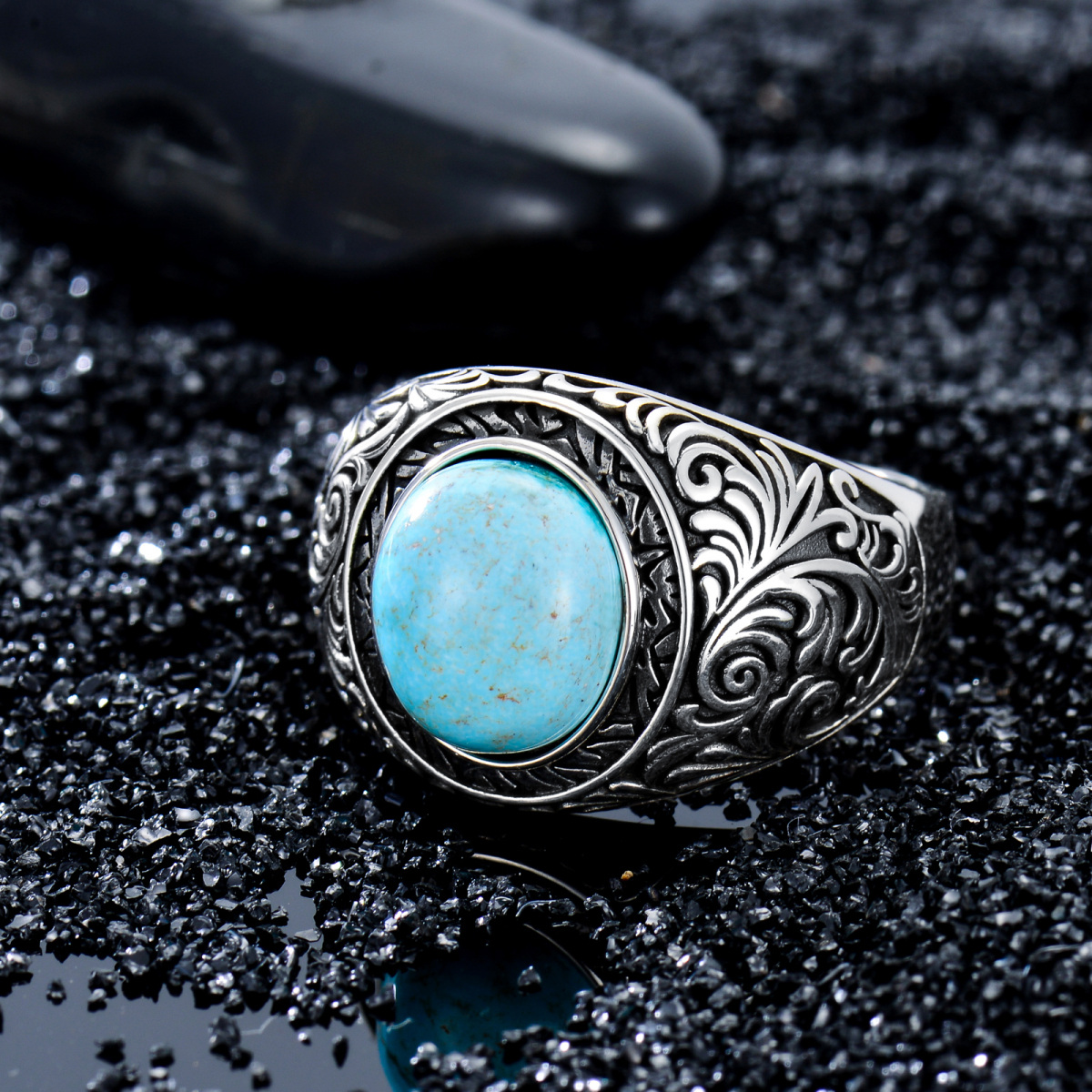 Sterling Silver Circular Shaped Turquoise Father & Son Ring for Men-1