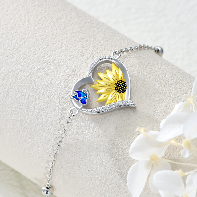 Girassol azul borboleta coração zircão pulseira de prata esterlina joia presente para mulheres-2