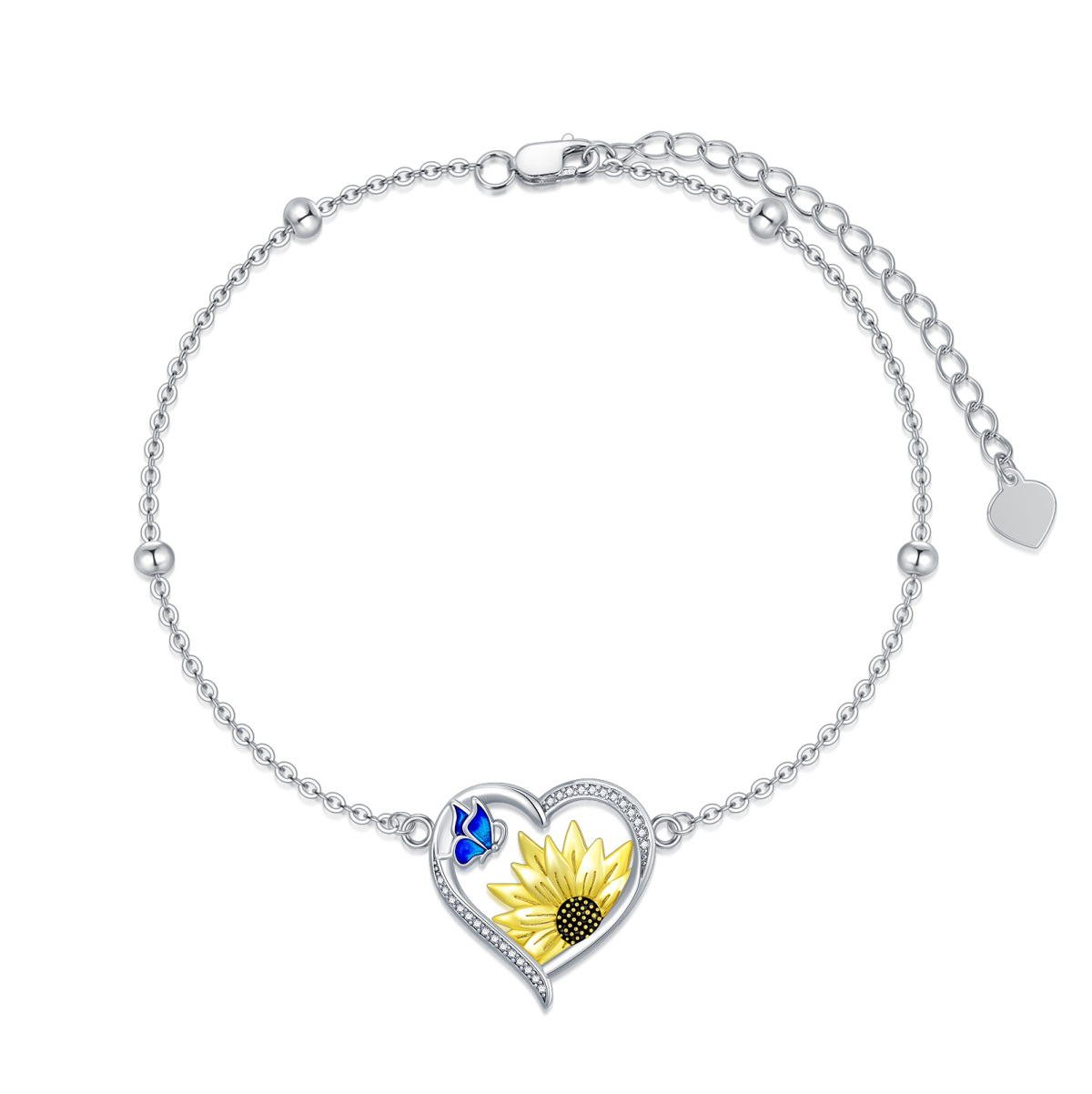 Sterling Silver Circular Shaped Zircon Butterfly & Sunflower & Heart Pendant Bracelet-1