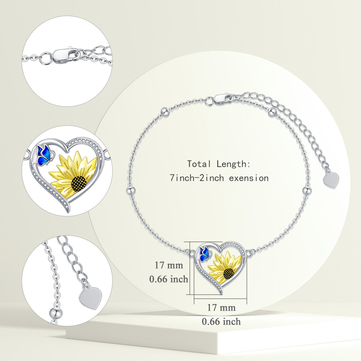 Sterling Silver Circular Shaped Zircon Butterfly & Sunflower & Heart Pendant Bracelet-5