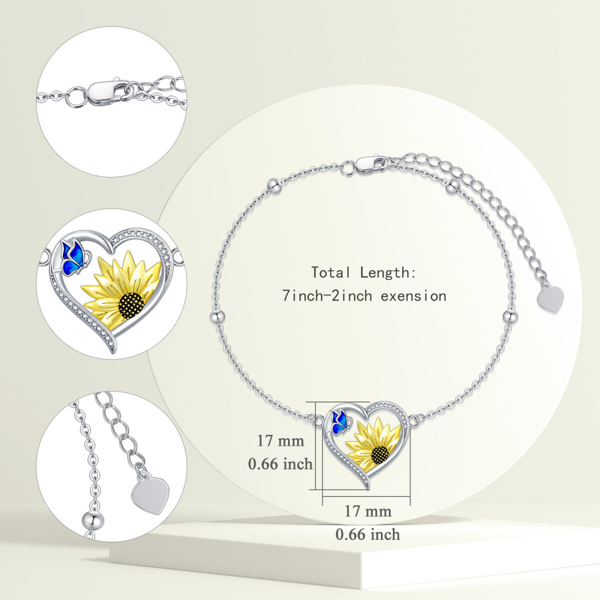 Bracelet en argent sterling avec pendentif papillon, tournesol et coeur en zircon de forme-5