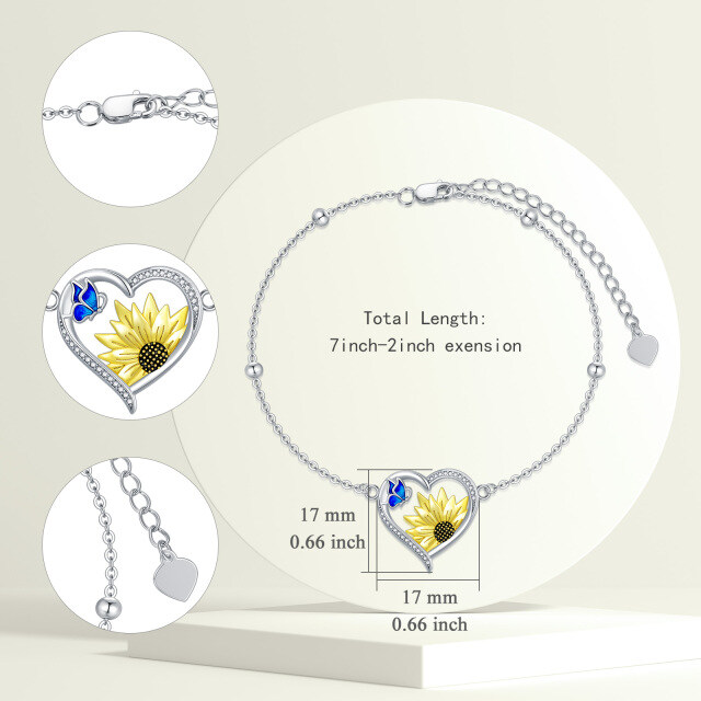 Sterling Silver Circular Shaped Zircon Butterfly & Sunflower & Heart Pendant Bracelet-4