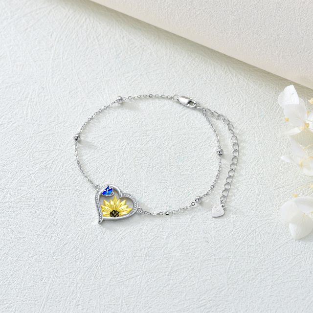 Girassol azul borboleta coração zircão pulseira de prata esterlina joia presente para mulheres-3
