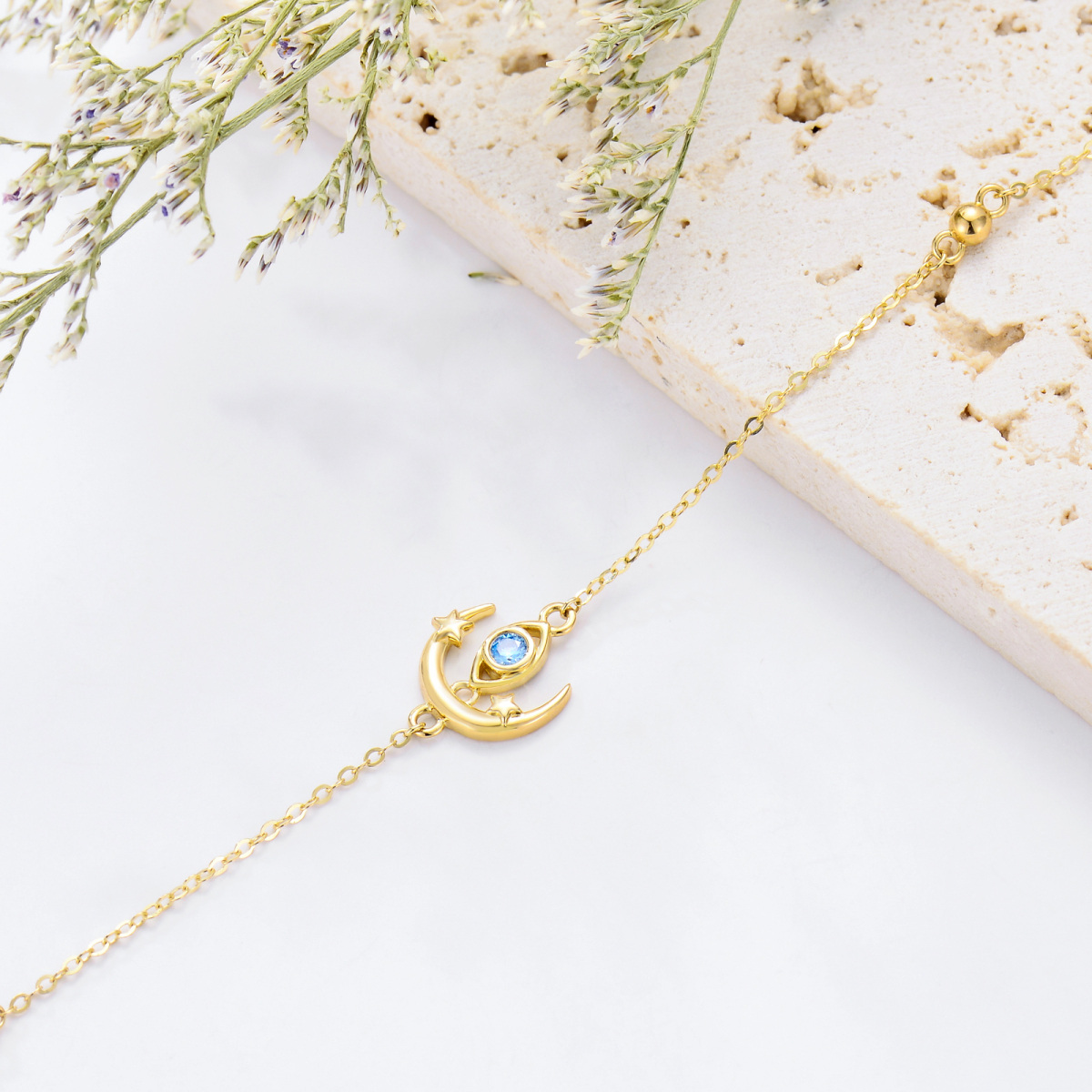 Bracelet chaîne en or 14 carats avec perles de lune rondes en zircone-4