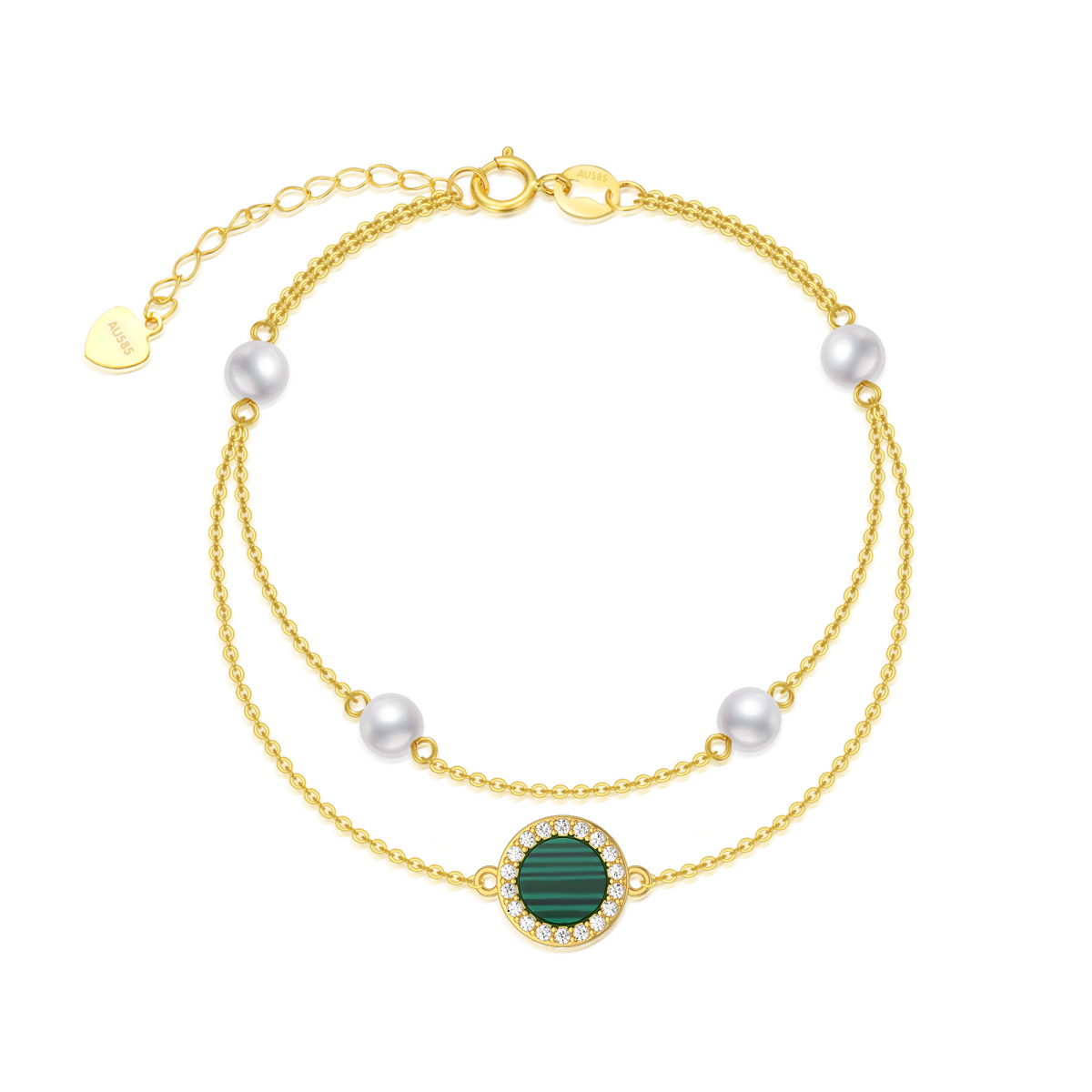 Bracelet en or 14K avec diamants ronds, perles et malachite en couches rondes-1