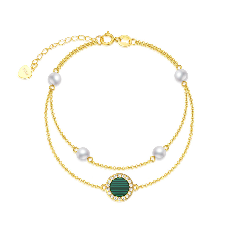 14K Gold Round Diamond & Pearl & Malachite Round Layerered Bracelet