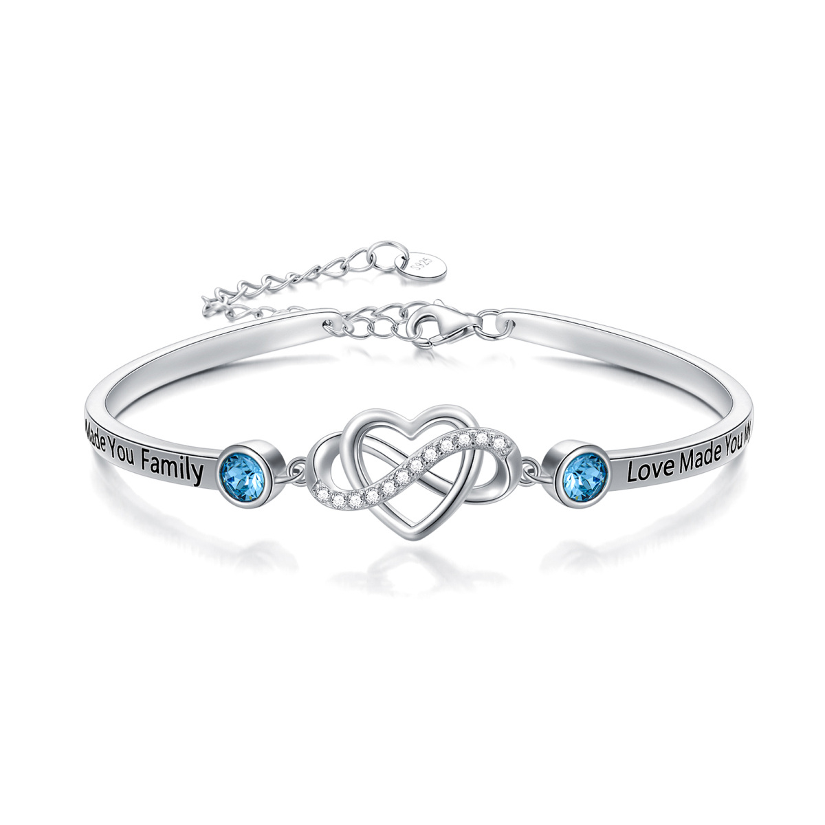 Sterling Silver Circular Shaped Crystal Heart & Infinity Symbol Pendant Bangle with Engraved Word-1