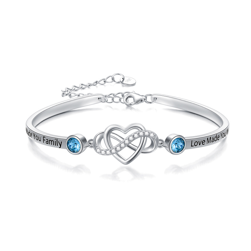 Sterling Silver Circular Shaped Crystal Heart & Infinity Symbol Pendant Bangle with Engraved Word