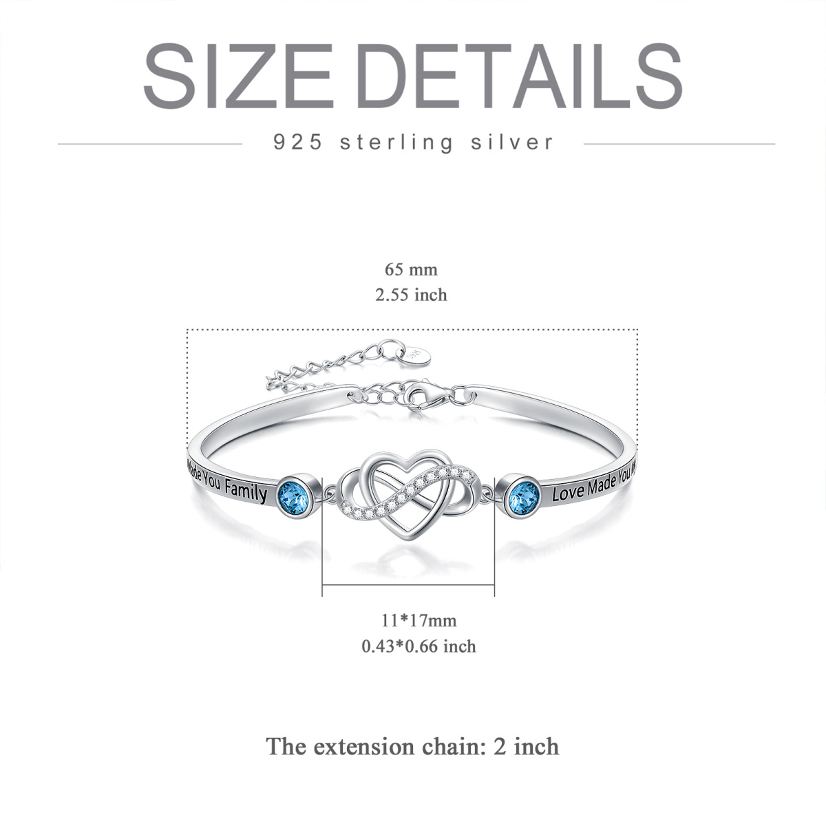 Sterling Silver Circular Shaped Crystal Heart & Infinity Symbol Pendant Bangle with Engraved Word-6