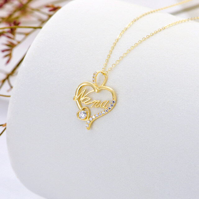 14K Gold Cubic Zirconia Heart Pendant Necklace with Engraved Word-3