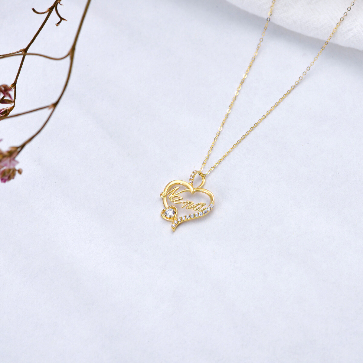 14K Gold Cubic Zirconia Heart Pendant Necklace with Engraved Word-4