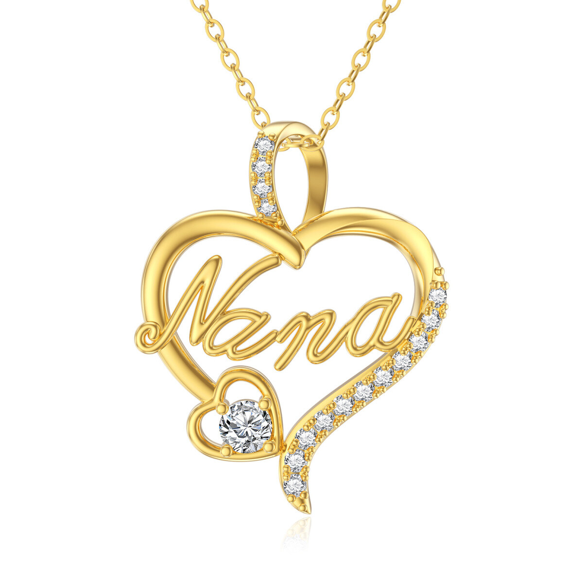 14K Gold Cubic Zirkonia Herz-Anhänger Halskette mit eingraviertem Wort-1