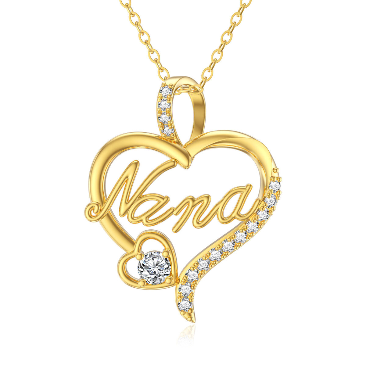 Collier en or 14K avec pendentif cœur en zircon cubique et mot gravé-1