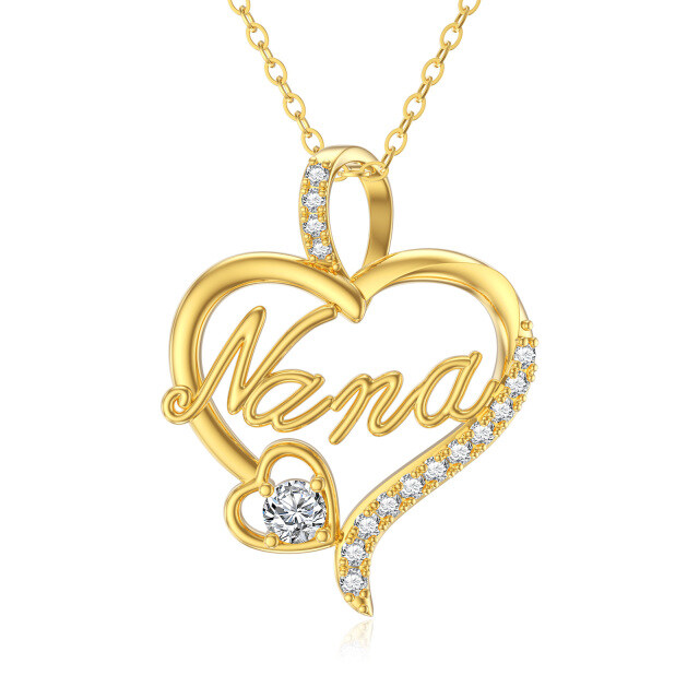 14K Gold Cubic Zirconia Heart Pendant Necklace with Engraved Word-1