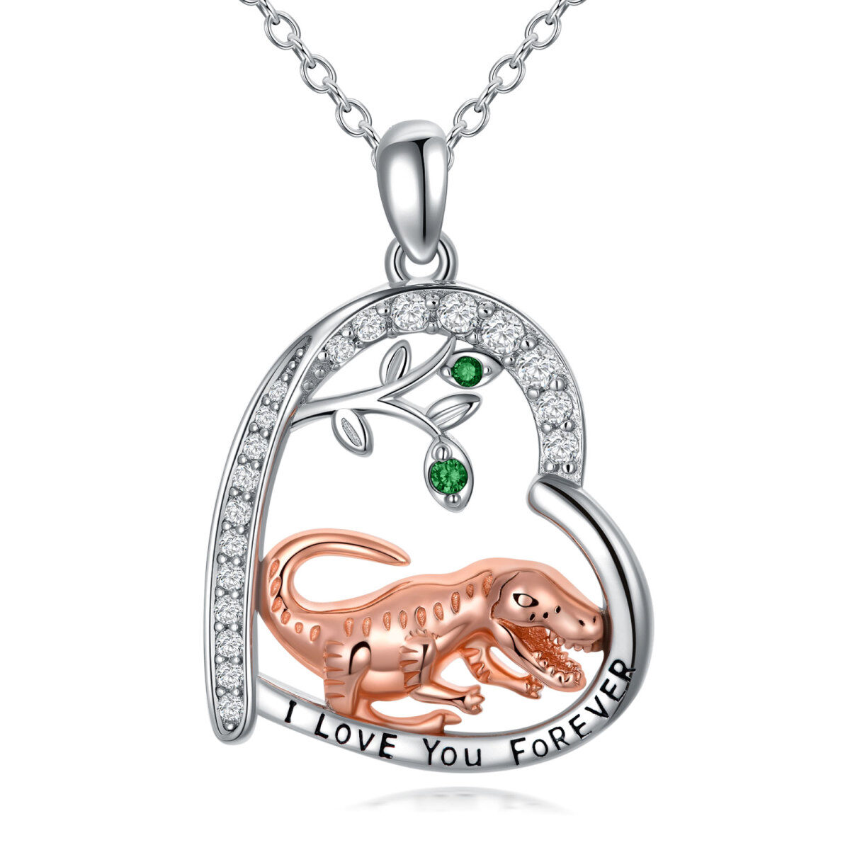 Sterling Silver Two-tone Circular Shaped Cubic Zirconia Dinosaurs Pendant Necklace-1