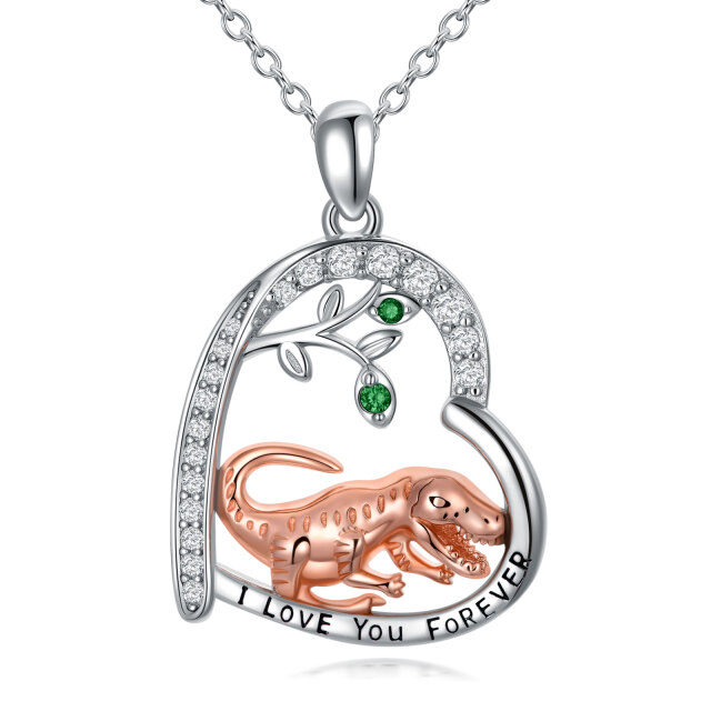 Sterling Silver Two-tone Circular Shaped Cubic Zirconia Dinosaurs Pendant Necklace-0