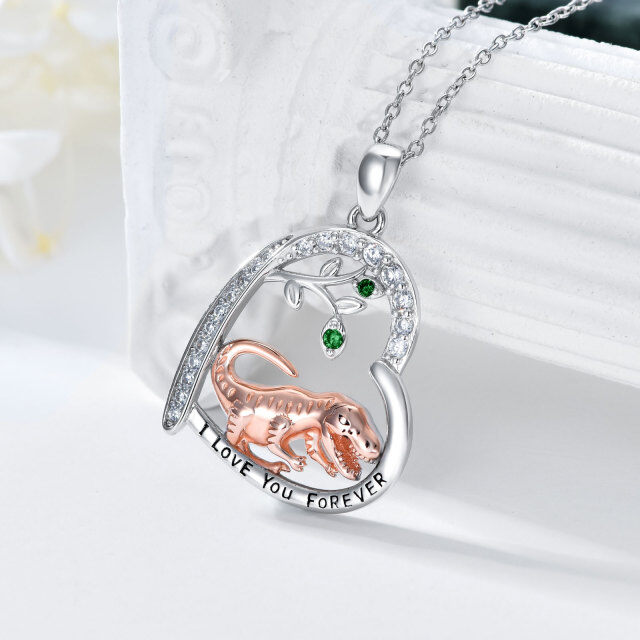 Sterling Silver Two-tone Circular Shaped Cubic Zirconia Dinosaurs Pendant Necklace-3