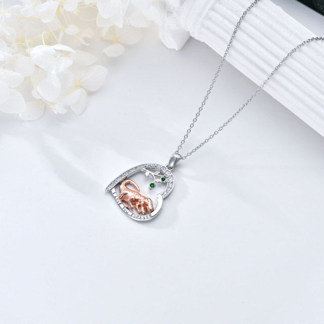 Sterling Silver Two-tone Circular Shaped Cubic Zirconia Dinosaurs Pendant Necklace-4