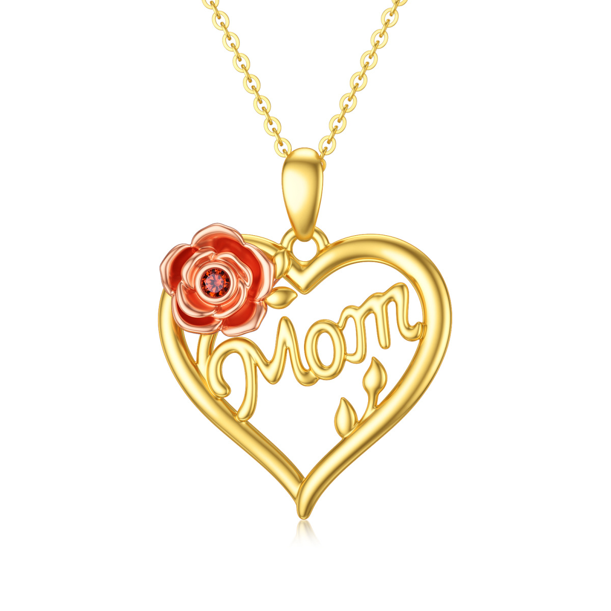 14K Gold & Rose Gold Heart Cubic Zirconia Rose & Heart Pendant Necklace with Engraved Word-1