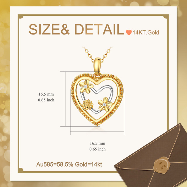 9K Gold Circular Shaped Cubic Zirconia Sunflower & Heart Pendant Necklace-2