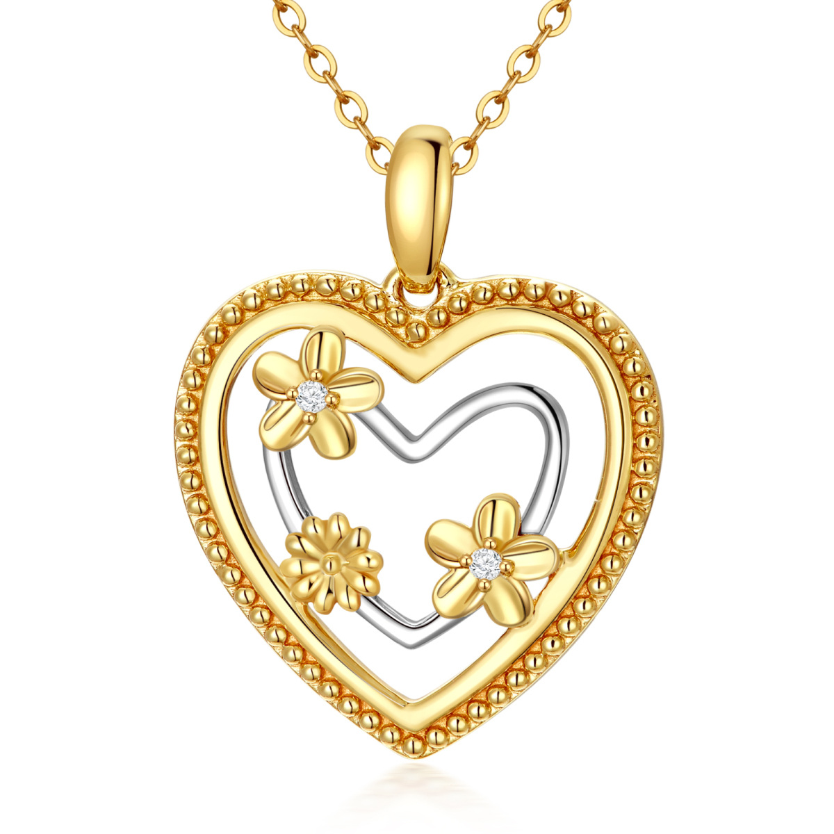 9K Gold Circular Shaped Cubic Zirconia Sunflower & Heart Pendant Necklace-1