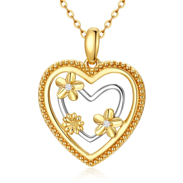 9K Gold Circular Shaped Cubic Zirconia Sunflower & Heart Pendant Necklace-0