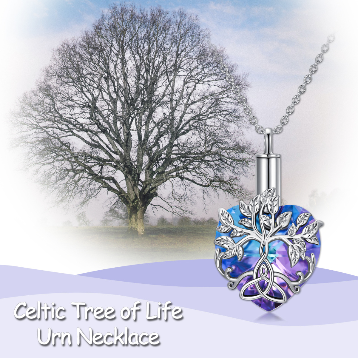 Sterling Silber Herz geformt Kristall Baum des Lebens & keltischen Knoten Urne Halskette f-6