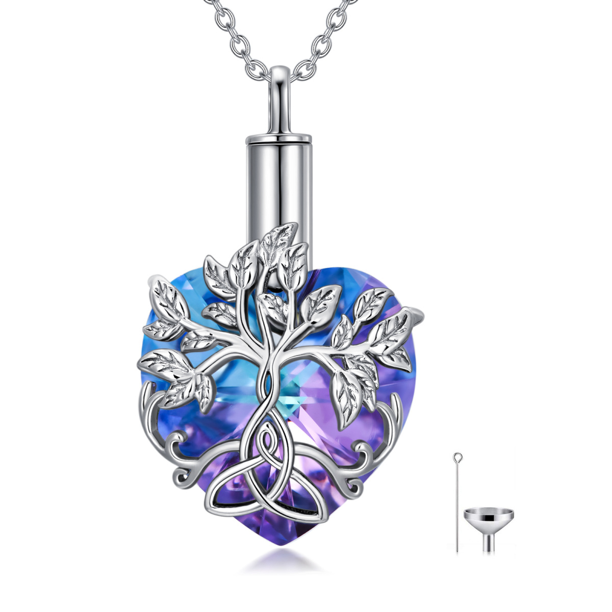 Plata de ley en forma de corazón de cristal Árbol de la Vida y Celtic Nudo Urna Collar par-1