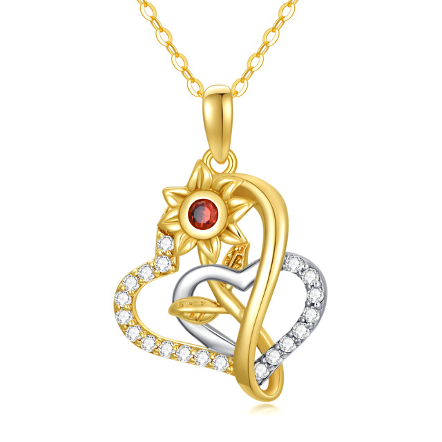 14K Silver & Gold Round Moissanite Sunflower & Heart & Heart With Heart Pendant Necklace-0