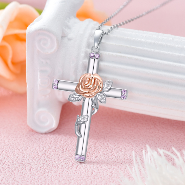 Sterling Silver Two-tone Round Cubic Zirconia Rose & Cross Pendant Necklace-2