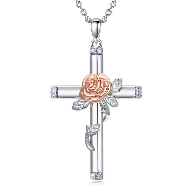 Sterling Silver Two-tone Round Cubic Zirconia Rose & Cross Pendant Necklace-0