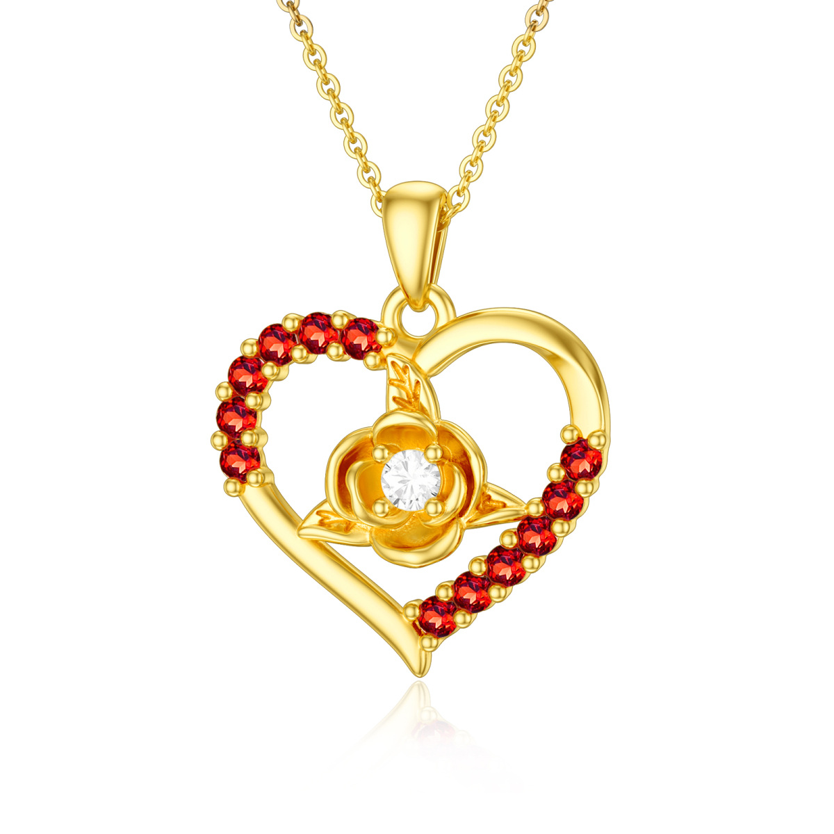 14K Gold Circular Shaped Moissanite Rose & Heart Pendant Necklace-1