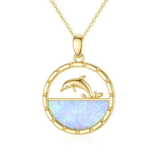 14K Gold Opal Delphin Anhänger Halskette-0