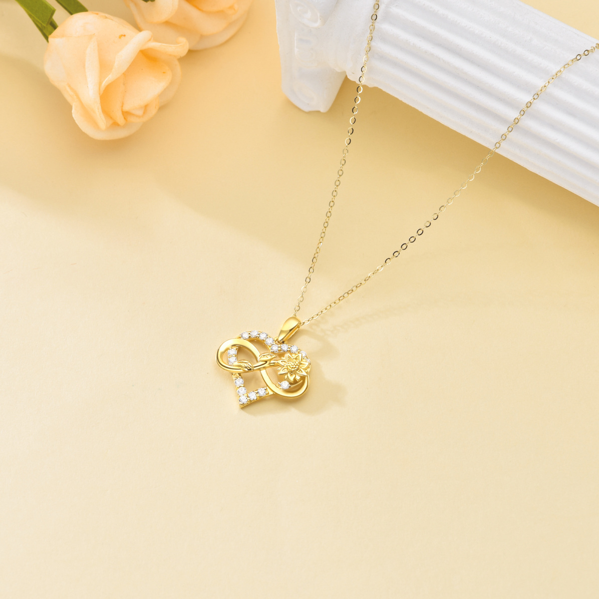 Collier en or 14K avec pendentif en zircon cubique tournesol, coeur et symbole de l'infini-4