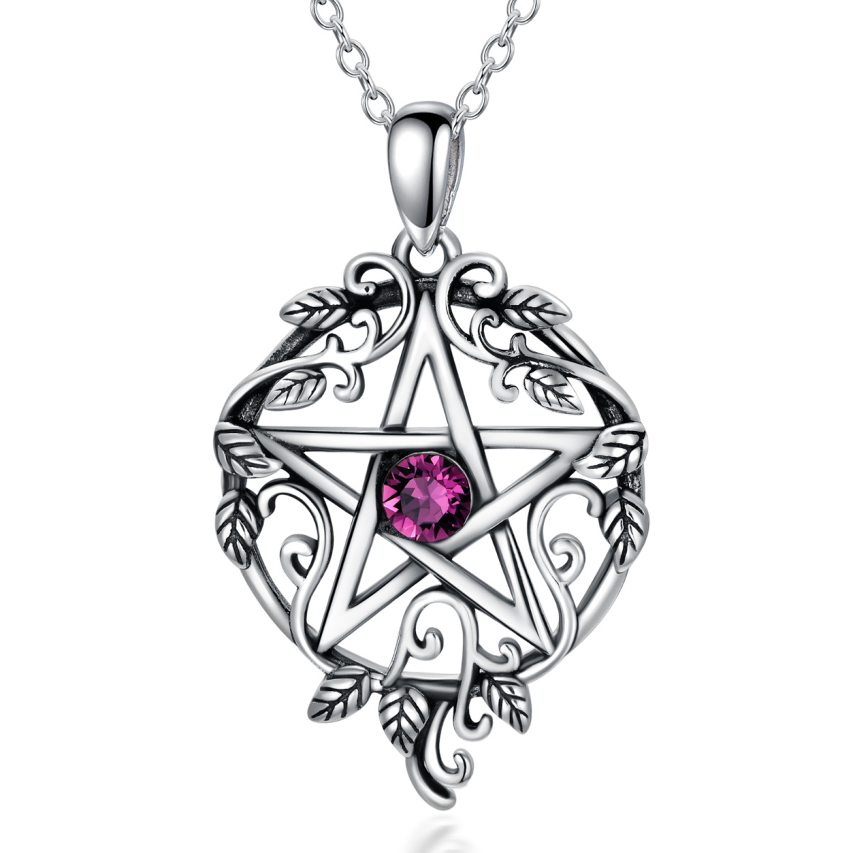 Sterling Silver Crystal Ivy & Pentagram Pendant Necklace-1