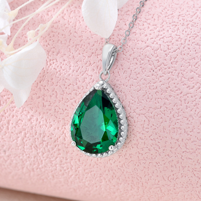 9K White Gold Pear Shaped Emerald Pendant Necklace-2