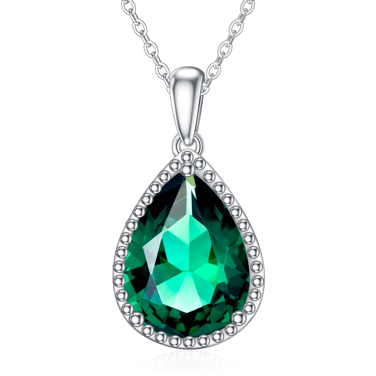 9K White Gold Pear Shaped Emerald Pendant Necklace-1