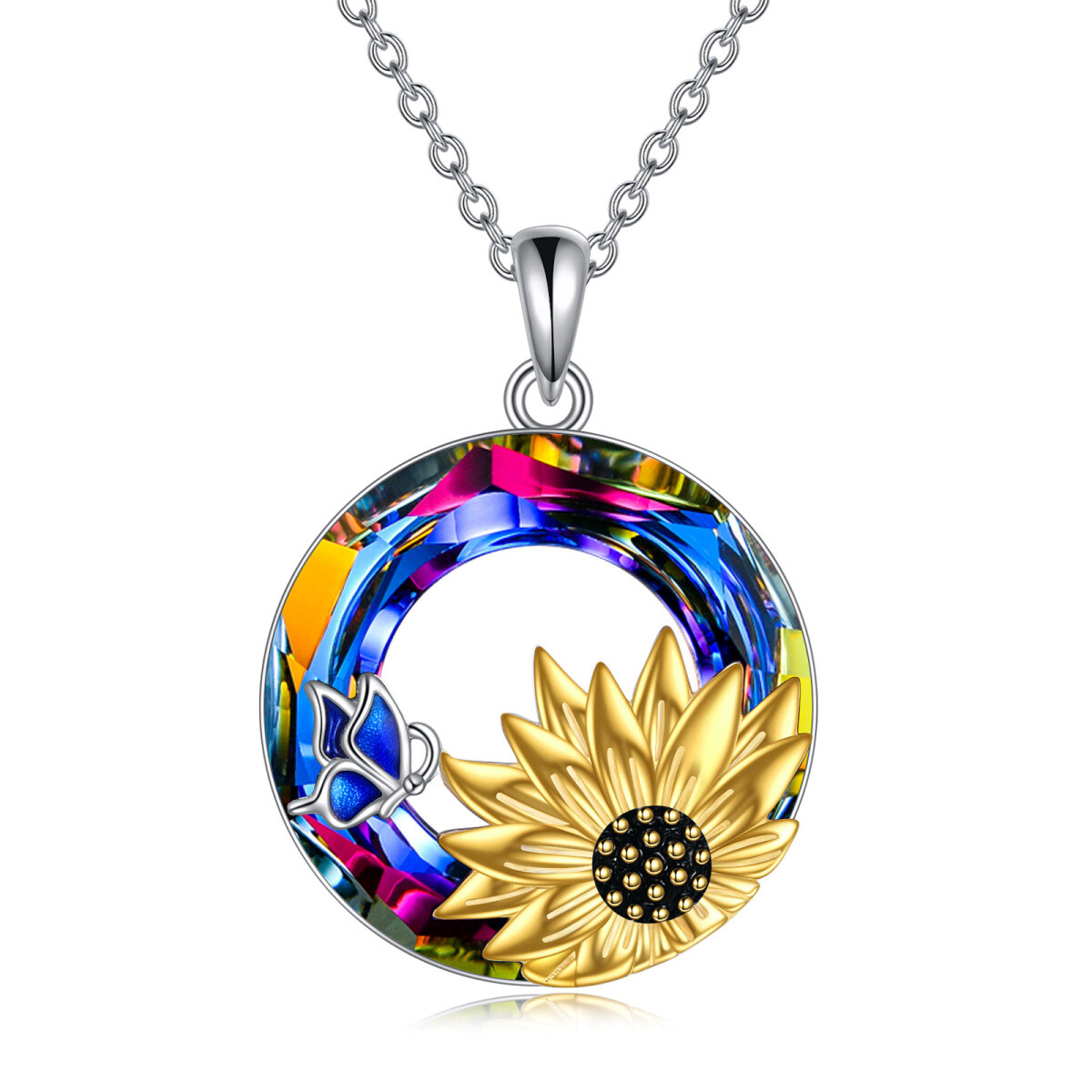 Collier en argent sterling avec pendentif circulaire en forme de papillon et de tournesol-1