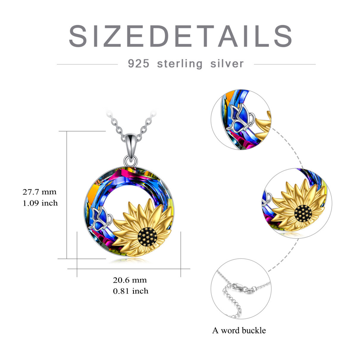 Sterling Silver Two-tone Circular Shaped Butterfly & Sunflower Crystal Pendant Necklace-5