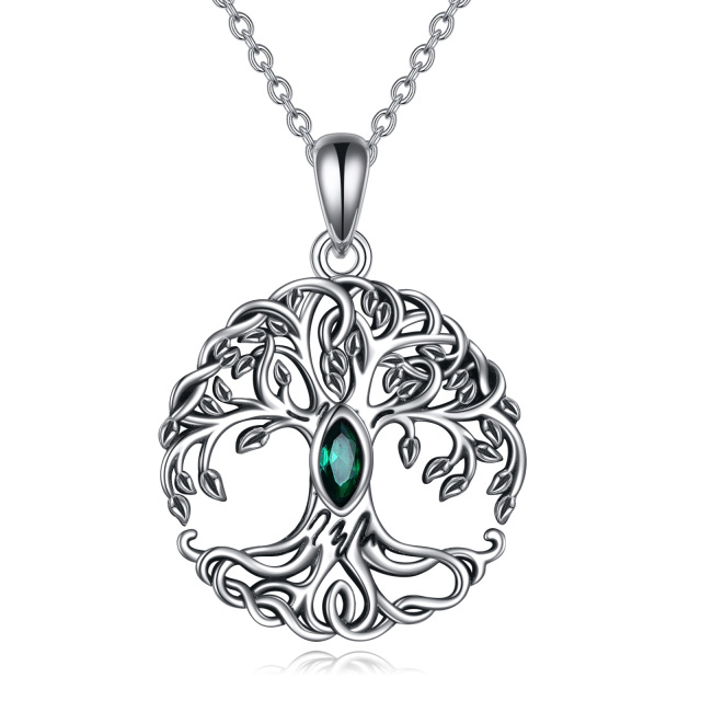 Sterling Silver Marquise Shaped Cubic Zirconia Tree Of Life Pendant Necklace-1