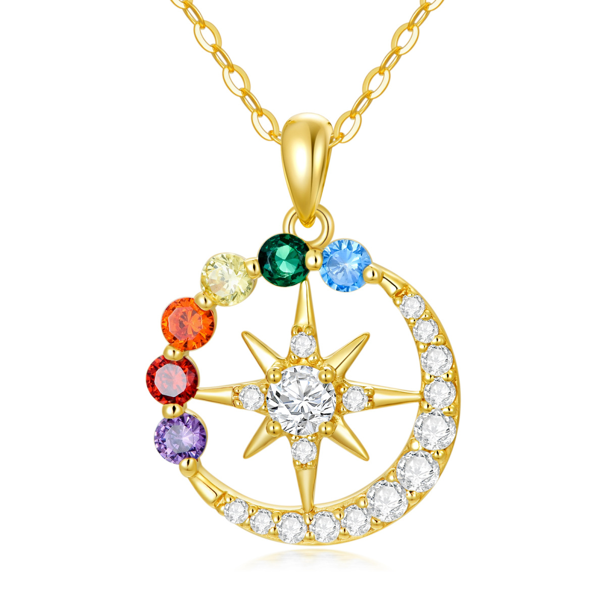 Collier en or 14K avec pendentif en zircon rond Chakras, lune et soleil-1