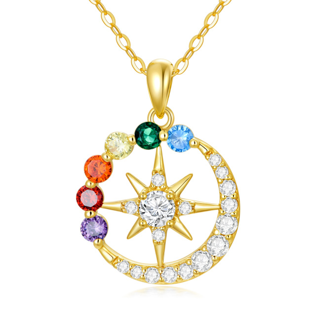 14K Gold Round Zircon Chakras & Moon & Sun Pendant Necklace-0