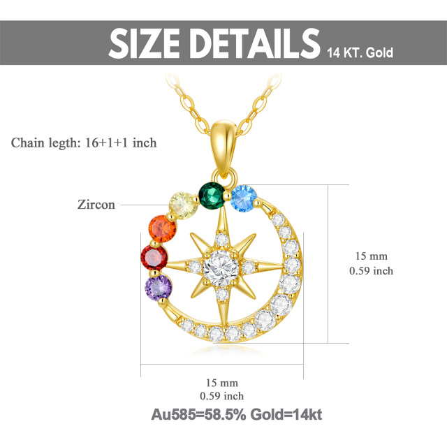 Collier en or 14K avec pendentif en zircon rond Chakras, lune et soleil-1