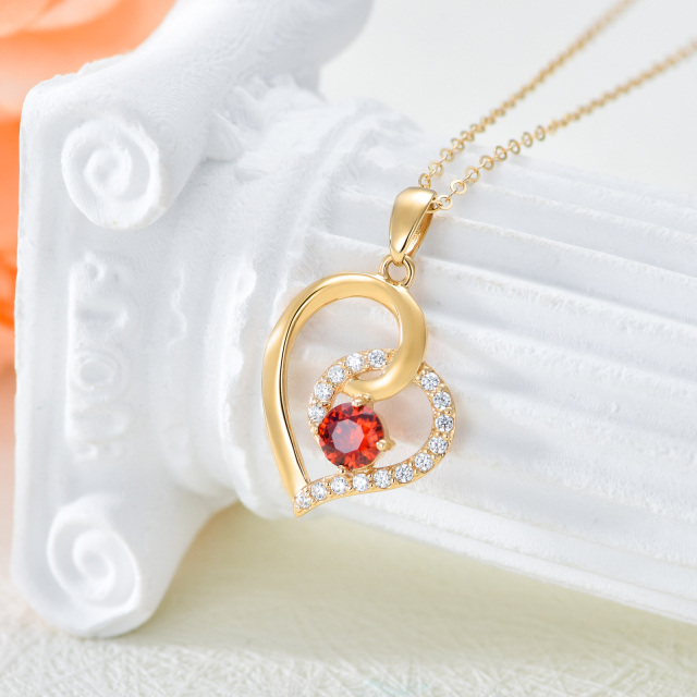 14K Gold Circular Shaped Cubic Zirconia & Garnet Heart Pendant Necklace-2