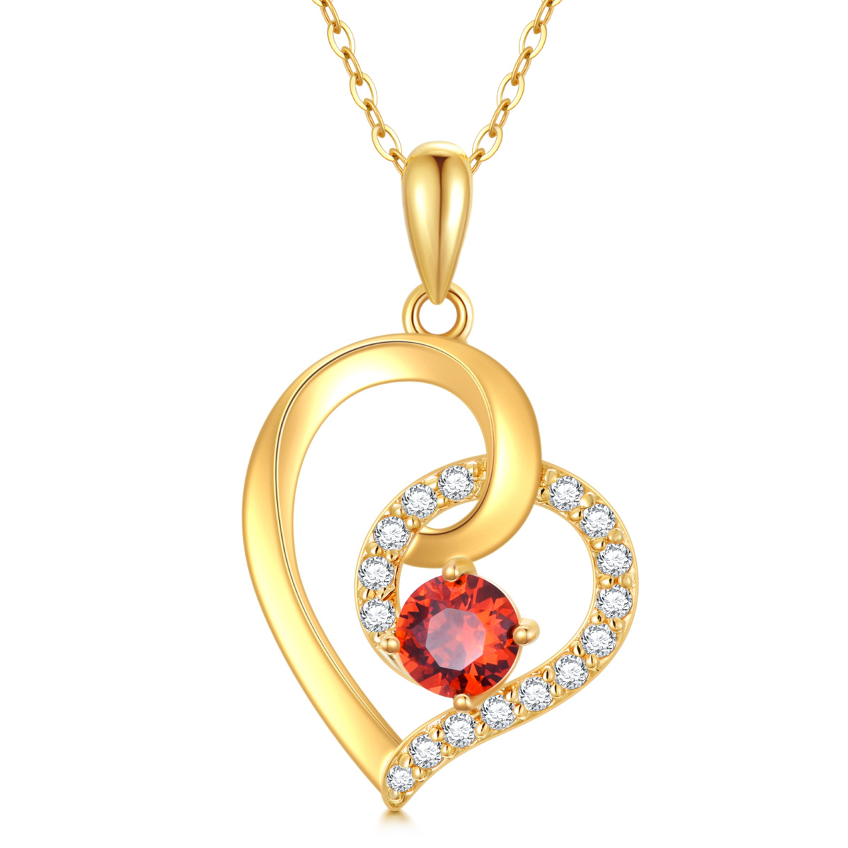 14K Gold Circular Shaped Cubic Zirconia & Garnet Heart Pendant Necklace-1