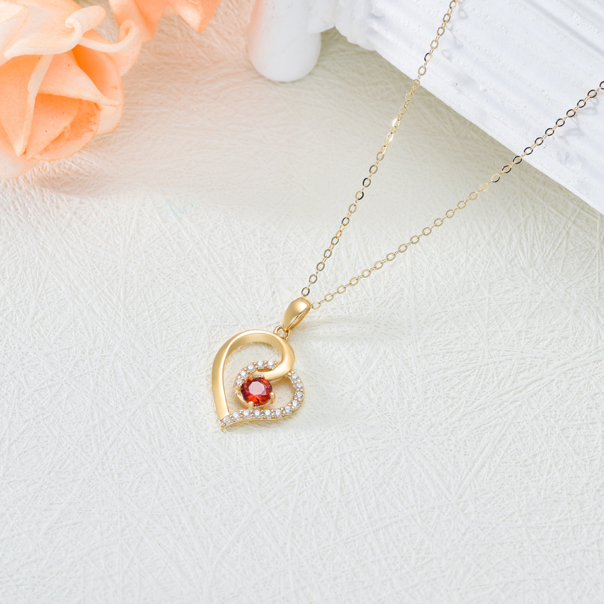 14K Gold Circular Shaped Cubic Zirconia & Garnet Heart Pendant Necklace-4