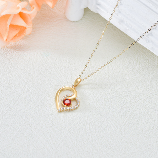 14K Gold Circular Shaped Cubic Zirconia & Garnet Heart Pendant Necklace-3