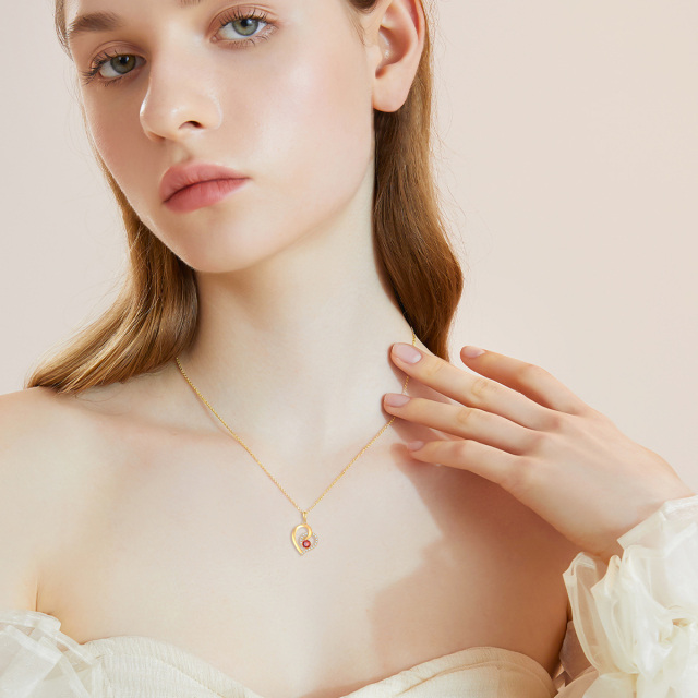 14K Gold Circular Shaped Cubic Zirconia & Garnet Heart Pendant Necklace-1